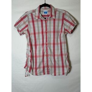 Columbia Women's Button Down Red/Tan Plaid Short Sleeve Top Ruched Sides Size L